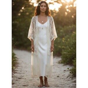 Ivory Lace Open Front Cardigan Duster Kimono 3/4 Sleeve L- XL Boho Hippie Sheer